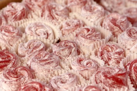 Macro of traditional Turkish Delight confectionery.