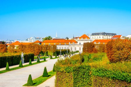 Vienna, Austria - September 7, 2022: Autumn landscape of the Belvedere Gardens at the Belvedere Palace with a view to the Lower Belvedere
