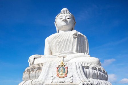 Photo for Phuket, Thailand - November 6, 2023: White marble Phuket Big Buddha - The Great Buddha of Phuket statue with bright blue background - Royalty Free Image