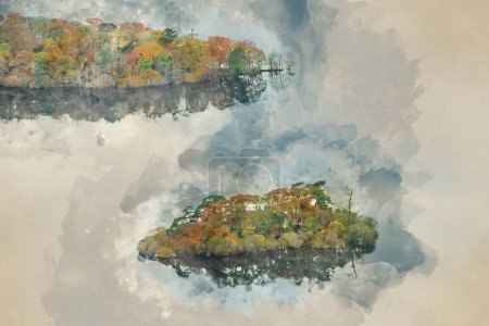 Photo for Abstract landscape Autumn image of view of islands in Derwentwater with sky reflections isolating them with vibrant Fall colors - Royalty Free Image