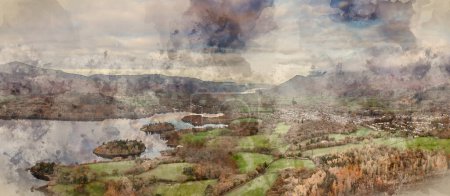 Photo for Epic landscape Autumn image of view from Walla Crag in Lake District, over Derwentwater looking towards Catbells and distant mountains with stunning Fall colors and light - Royalty Free Image