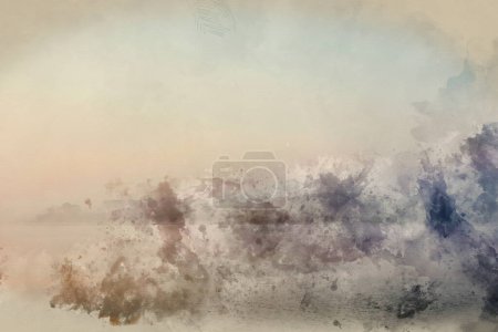 Foto de Pintura digital de acuarela de la imagen épica del paisaje del amanecer de primavera sobre el lago del embalse con el resplandor del amanecer que se extiende aross el agua con baja niebla agregando atmósfera - Imagen libre de derechos