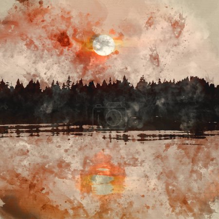 Foto de Pintura digital de acuarela de la imagen épica del paisaje terrestre del amanecer de primavera sobre el lago del embalse con el resplandor del amanecer que se extiende aross el agua con poca niebla agregando atmósfera - Imagen libre de derechos