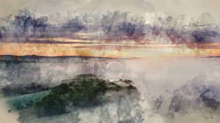 Foto de Pintura digital de acuarela de hermoso paisaje de drones imagen de mar de niebla rodando a través de South Downs Campo inglés durante la salida del sol de primavera - Imagen libre de derechos