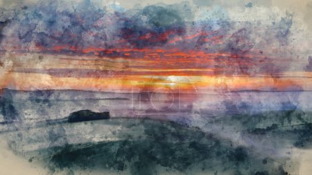 Téléchargez les photos : Aquarelle numérique de Belle image de paysage de drone de la mer de brouillard roulant à travers la campagne anglaise South Downs pendant le lever du soleil de printemps - en image libre de droit