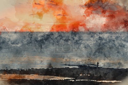 Téléchargez les photos : Aquarelle numérique peinture de Superbe dramatique profond coucher de soleil vibrant sur l'image du paysage océanique - en image libre de droit