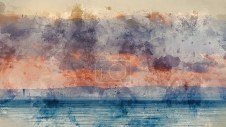 Foto de Pintura digital de acuarela de hermoso paisaje imagen de color pastel puesta del sol sobre el océano dando encantadora sensación relajante suave de ensueño - Imagen libre de derechos