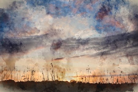 Foto de Digital watercolour image of Beautiful landscape sunset image of Somerset Levels wetlands in England during Spring - Imagen libre de derechos