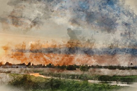 Téléchargez les photos : Digital watercolour image of Beautiful landscape sunset image of Somerset Levels wetlands in England during Spring - en image libre de droit