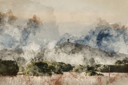 Photo for Digitally created watercolour painting of Beautiful landscape image of Glastonbury Tor in Somerset during Spring sunrise over the Levels - Royalty Free Image