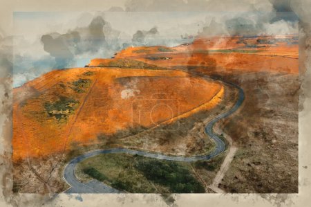 Téléchargez les photos : Digitally created watercolour painting of Stunning aerial drone landscape image of golden hour over farmers fields in South Downs National Park in England during Summer dawn - en image libre de droit