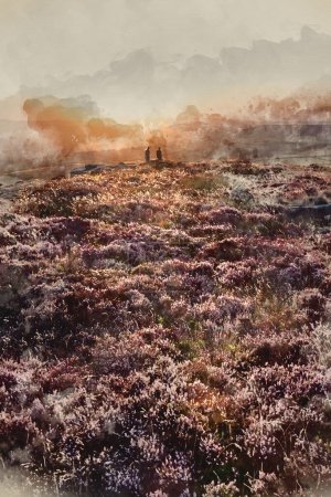Téléchargez les photos : Digital watercolour painting of Absolutely stunning sunset landscape image with unidentified couple looking from Higger Tor in Peak District across to Hope Vally in late Summer with heather in full bloom - en image libre de droit