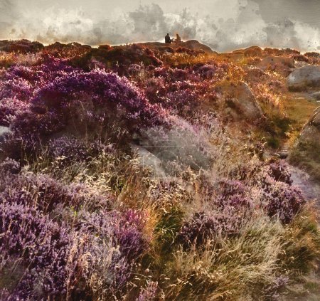 Téléchargez les photos : Digital watercolour painting of Stunning late Summer sunrise in Peak District over fields of heather in full bloom around Higger Tor and Burbage Edge - en image libre de droit