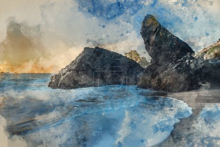 Téléchargez les photos : Aquarelle numérique de Superbe lever de soleil sur le paysage de Kynance Cove à Corwnall en Angleterre avec un ciel vibrant et un bel océan turquoise - en image libre de droit