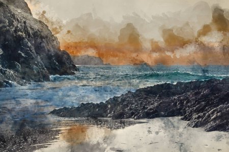 Téléchargez les photos : Digital watercolour painting of Stunning sunrise over Kynance Cove landscape in Corwnall England with vibrant sky and beautiful turquoise ocean - en image libre de droit