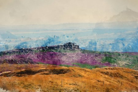 Téléchargez les photos : Aquarelle numérique de Belle journée d'été image de paysage de Higger Tor bruyère vibrante vue de Stanage Edge dans Peak District - en image libre de droit