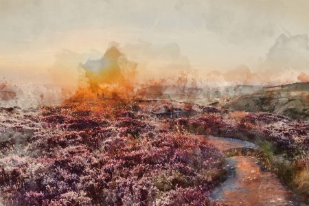 Foto de Digital watercolour painting of Absolutely stunning sunset landscape image with unidentified couple looking from Higger Tor in Peak District across to Hope Vally in late Summer with heather in full bloom - Imagen libre de derechos