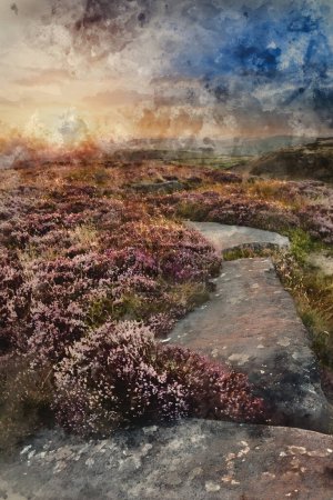 Photo for Digital watercolour painting of Absolutely stunning sunset landscape image looking from Higger Tor in Peak District across to Hope Vally in late Summer with heather in full bloom - Royalty Free Image
