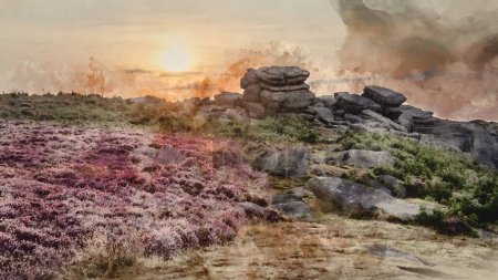 Photo for Digital watercolour painting of Stunning late Summer sunrise in Peak District over fields of heather in full bloom around Higger Tor and Burbage Edge - Royalty Free Image