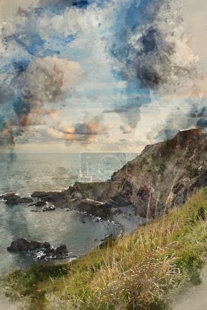 Digital watercolour painting of Beautiful sunrise landscape image of Devon coastline in England with stunning golden hour light on the land and sky