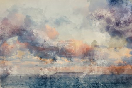 Téléchargez les photos : Digital watercolour painting of Stunning sunrise clouds formations and colour over Lundy Island on Devonshire coast in England during late Summer - en image libre de droit