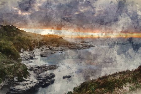 Téléchargez les photos : Digital watercolour painting of Moody landscape sunrise image at Prussia Cove in Cornwall England with atmospheric sky and ocean - en image libre de droit
