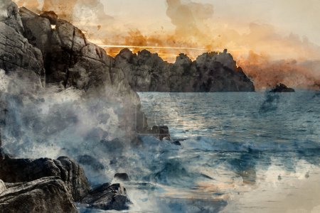 Digitales Aquarell der wunderschönen Sonnenaufgangslandschaft am Strand von Porthcurno in Cornwall England mit atemberaubenden Farben und Stimmungen