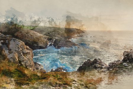 Téléchargez les photos : Aquarelle numérique de Belle image de paysage de coucher de soleil de Cornouailles littoral falaise avec mines d'étain en arrière-plan vue du phare de Pendeen Headland - en image libre de droit