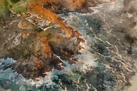 Foto de Pintura digital en acuarela del hermoso paisaje aéreo de aviones no tripulados del faro de Pendeen en Cornwall al atardecer con hermosos colores y cielo - Imagen libre de derechos
