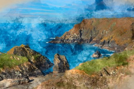 Photo for Digital watercolour painting of Stunning sunrise over Kynance Cove landscape in Corwnall England with vibrant sky and beautiful turquoise ocean - Royalty Free Image