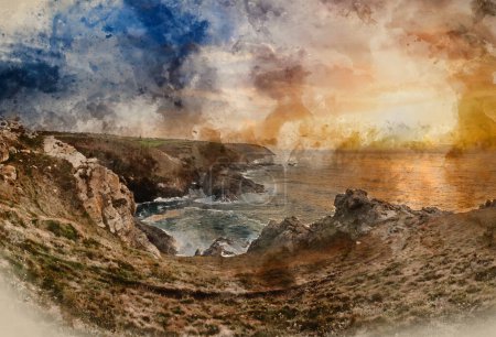Foto de Digital watercolour painting of Beautiful sunset landscape image of Cornwall cliff coastline with tin mines in background viewed from Pendeen Lighthouse headland - Imagen libre de derechos