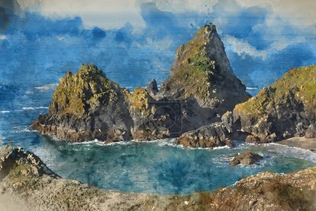 Foto de Digital watercolour painting of Stunning sunrise over Kynance Cove landscape in Corwnall England with vibrant sky and beautiful turquoise ocean - Imagen libre de derechos