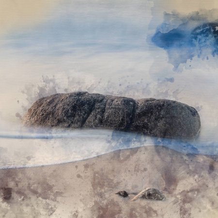 Téléchargez les photos : Aquarelle numérique de Beau paysage de Sennen Cove en Cornouailles au coucher du soleil avec ciel lunaire et mouvement de mer à longue exposition - en image libre de droit