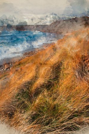 Téléchargez les photos : Aquarelle numérique de Beau paysage de Sennen Cove en Cornouailles au coucher du soleil vue depuis les dunes de sable herbeuses avec ciel lunaire et mouvement de mer à longue exposition - en image libre de droit