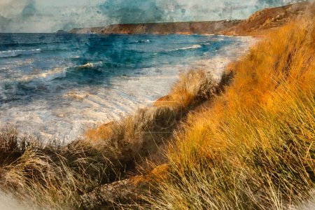 Téléchargez les photos : Aquarelle numérique de Beau paysage de Sennen Cove en Cornouailles au coucher du soleil vue depuis les dunes de sable herbeuses avec ciel lunaire et mouvement de mer à longue exposition - en image libre de droit