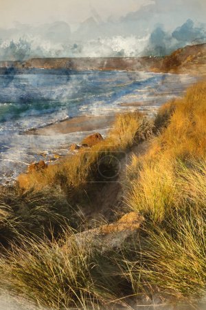Photo for Digital watercolour painting of Beautiful landscape of Sennen Cove in Cornwall during sunset viewed from grassy sand dunes with moody sky and long exposure sea motion - Royalty Free Image