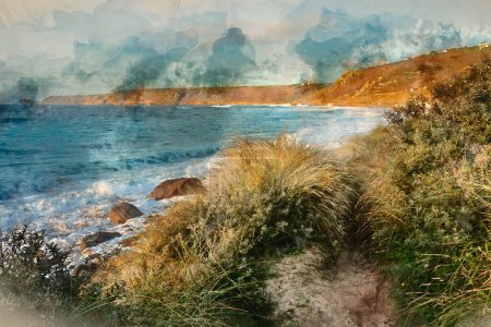 Foto de Pintura digital en acuarela del hermoso paisaje de Sennen Cove en Cornwall durante la puesta de sol vista desde dunas de arena cubiertas de hierba con cielo malhumorado y movimiento marino de larga exposición - Imagen libre de derechos