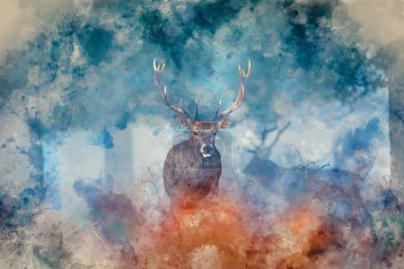 Photo for Digital watercolour painting of Beautiful red deer stag Cervus Elaphus wild animal in Autumn landscape woodland setting - Royalty Free Image