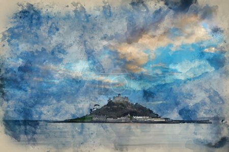 Téléchargez les photos : Aquarelle numérique de Belle image de paysage de St Michael's Mount en Cornouailles Angleterre lors de la soirée coucher de soleil couleur douce - en image libre de droit