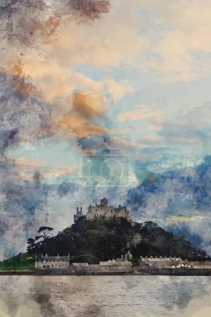 Foto de Pintura digital en acuarela de Hermosa imagen paisajística del Monte de San Miguel en Cornualles Inglaterra durante la tarde de la puesta del sol de color suave - Imagen libre de derechos