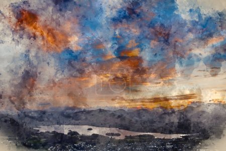 Foto de Pintura digital en acuarela de Absolutamente impresionante imagen de paisaje de vista a través de Derwentwater de Latrigg cayó en el distrito de los lagos durante el invierno hermoso atardecer colorido - Imagen libre de derechos