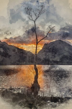 Téléchargez les photos : Aquarelle numérique de Beau paysage dramatique d'hiver lever de soleil à Buttermere dans Lake District en Angleterre - en image libre de droit