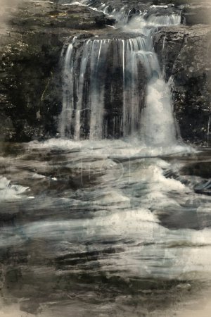 Foto de Pintura digital en acuarela de Hermosa imagen de paisaje apacible de Aysgarth Falls en Yorkshire Dales en Inglaterra durante la mañana de invierno - Imagen libre de derechos