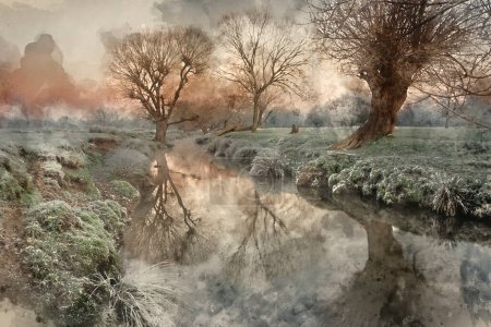 Foto de Pintura digital en acuarela de la hermosa imagen del paisaje del amanecer del invierno al amanecer con heladas en las plantas y árboles con luz dorada del amanecer de la hora - Imagen libre de derechos