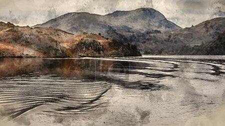 Téléchargez les photos : Aquarelle numérique de belle image de paysage d'hiver vue du bateau sur Ullswater dans Lake District avec des mouvements de sillage d'ondulation d'eau inhabituels - en image libre de droit
