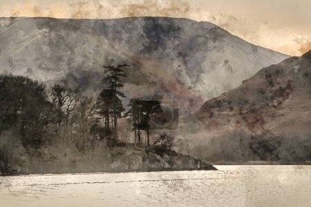 Téléchargez les photos : Aquarelle numérique de belles vues de paysages d'hiver de chaînes de montagnes autour d'Ullswater dans Lake District vue de bateau sur lac - en image libre de droit