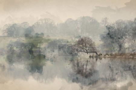 Photo for Digital watercolour painting of Beautiful Winter landscape image of Loughtrigg Tarn on misty morning with calm water and foggy countryside in the background - Royalty Free Image