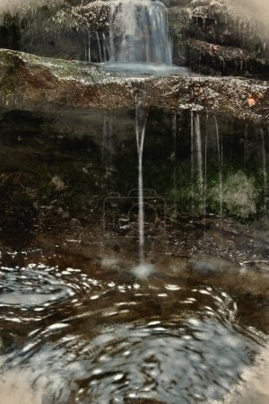 Photo for Digital watercolour landscape painting of waterfall in Yokrshire Dales in England during Winter - Royalty Free Image