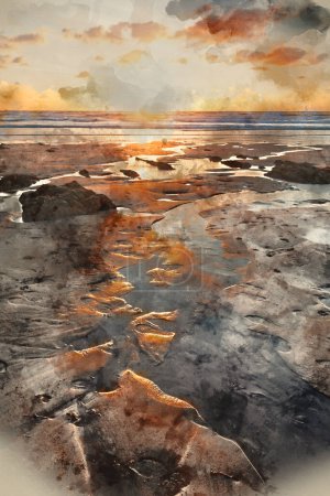 Téléchargez les photos : Aquarelle numérique de belle image de paysage de coucher de soleil d'été de Widemouth Bay dans le Devon en Angleterre avec lumière heure dorée sur la plage - en image libre de droit