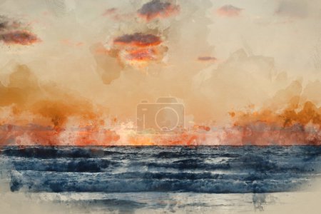 Foto de Pintura digital en acuarela de Beautiful Summer sunset landscape image of Widemouth Bay en Devon Inglaterra con luz dorada en la playa - Imagen libre de derechos